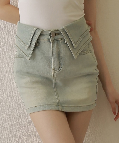 M DOLLY(エムドリー)の「waist cuff denim skirt/ウエストカフデニムスカート(デニムスカート・レディース・ホワイト/ブルー・S/M)」の2枚目の写真