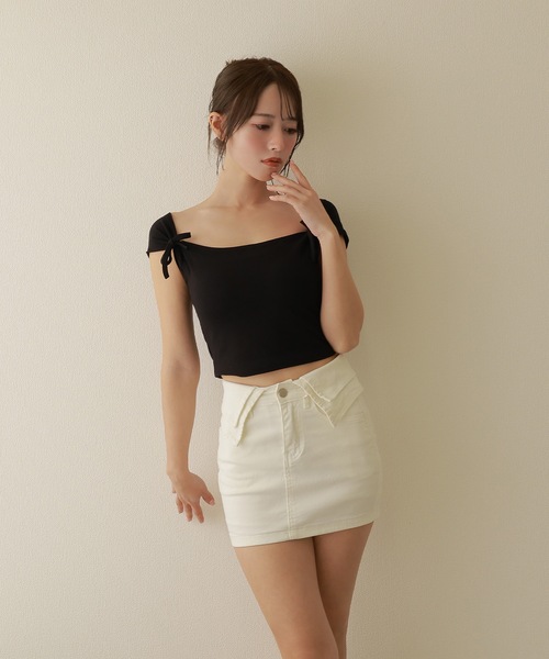M DOLLY(エムドリー)の「waist cuff denim skirt/ウエストカフデニムスカート(デニムスカート・レディース・ホワイト/ブルー・S/M)」の4枚目の写真