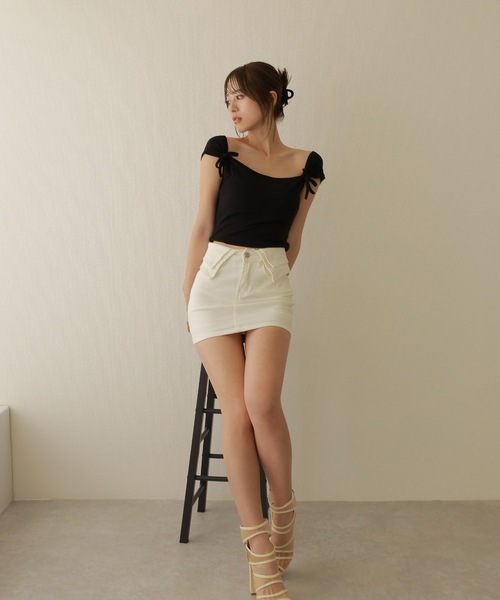 M DOLLY(エムドリー)の「waist cuff denim skirt/ウエストカフデニムスカート(デニムスカート・レディース・ホワイト/ブルー・S/M)」の7枚目の写真
