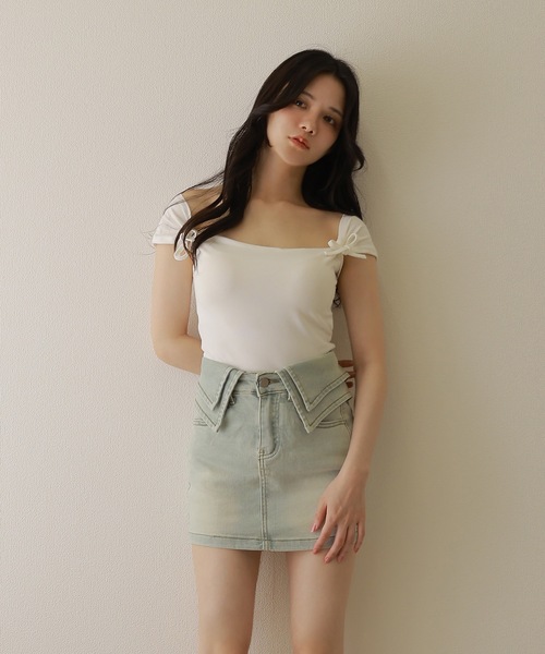 M DOLLY(エムドリー)の「waist cuff denim skirt/ウエストカフデニムスカート(デニムスカート・レディース・ホワイト/ブルー・S/M)」の9枚目の写真