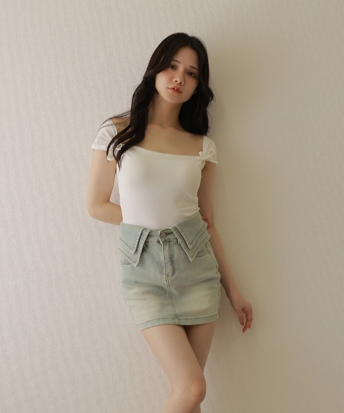 M DOLLY(エムドリー)の「waist cuff denim skirt/ウエストカフデニムスカート(デニムスカート・レディース・ホワイト/ブルー・S/M)」の11枚目の写真