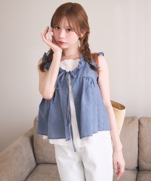 TITTY&CO.（ティティーアンドコー）の「ギンガムフリルノースリブラウス（シャツ/ブラウス・レディース・グレー/ネイビー・FREE）」の15枚目の写真