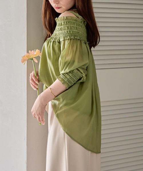 mideal(マイディール)の「sheer off shoulder / シアーオフショルブラウス(シャツ/ブラウス・レディース・ピンク/アイボリー/ブルーグリーン・FREE)」の14枚目の写真