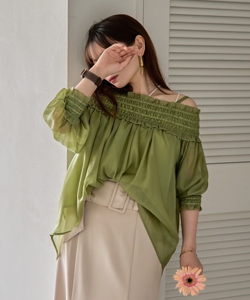 mideal(マイディール)の「sheer off shoulder / シアーオフショルブラウス(シャツ/ブラウス・レディース・ピンク/アイボリー/ブルーグリーン・FREE)」の15枚目の写真