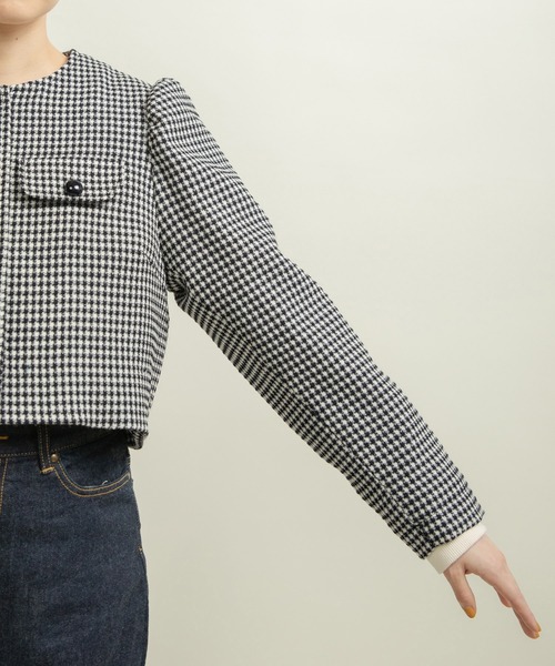 Dot＆Stripes CHILD WOMAN（ドットアンドストライプス　チャイルドウーマン）の「ウールギンガムジャケット（ノーカラージャケット・レディース・ブラック・FREE）」の4枚目の写真
