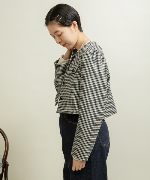 Dot＆Stripes CHILD WOMAN（ドットアンドストライプス　チャイルドウーマン）の「ウールギンガムジャケット（ノーカラージャケット・レディース・ブラック・FREE）」の3枚目の写真
