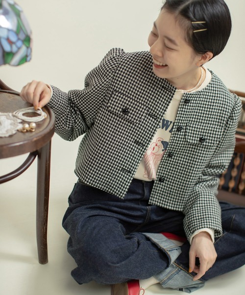 Dot＆Stripes CHILD WOMAN（ドットアンドストライプス　チャイルドウーマン）の「ウールギンガムジャケット（ノーカラージャケット・レディース・ブラック・FREE）」の6枚目の写真