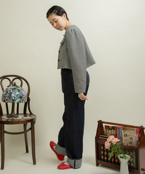 Dot＆Stripes CHILD WOMAN（ドットアンドストライプス　チャイルドウーマン）の「ウールギンガムジャケット（ノーカラージャケット・レディース・ブラック・FREE）」の21枚目の写真
