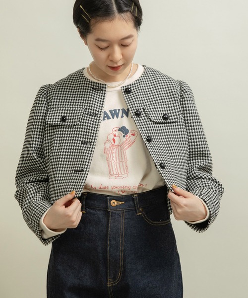 Dot＆Stripes CHILD WOMAN（ドットアンドストライプス　チャイルドウーマン）の「ウールギンガムジャケット（ノーカラージャケット・レディース・ブラック・FREE）」の8枚目の写真