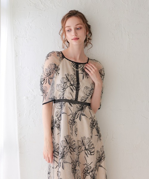 Dorry Doll(ドリードール)の「ドロイングフラワードレス(ドレス・レディース・ブラック×ベージュ/グレー/グレイッシュベージュ/ブルー・MEDIUM/SMALL/LARGE)」の6枚目の写真