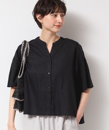 【二の腕カバー・洗える】リネンブレンド袖切り替えブラウス