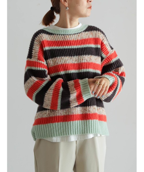 FIL DE FER（フィルデフェール）の「両畦マルチボーダー　ボートネックP/O（ニット/セーター・レディース・ライトグリーン/マスタード・FREE）」の2枚目の写真