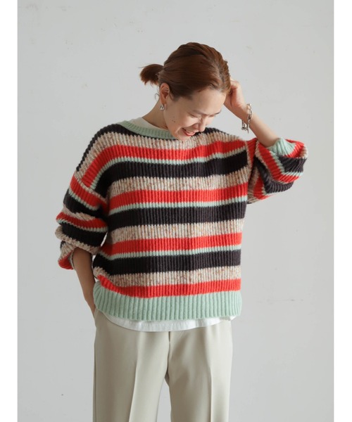 FIL DE FER（フィルデフェール）の「両畦マルチボーダー　ボートネックP/O（ニット/セーター・レディース・ライトグリーン/マスタード・FREE）」の21枚目の写真