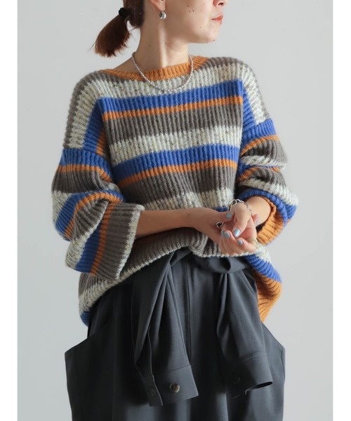 FIL DE FER（フィルデフェール）の「両畦マルチボーダー　ボートネックP/O（ニット/セーター・レディース・ライトグリーン/マスタード・FREE）」の8枚目の写真