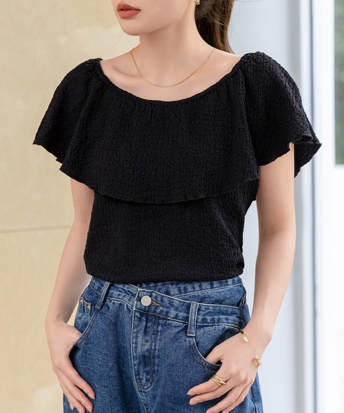 DAY CLOSET(デイ クローゼット)の「レディース 3WAYオフショル風リップルメロウフリルブラウス(シャツ/ブラウス・レディース・アイボリー/ブラック・FREE)」の11枚目の写真