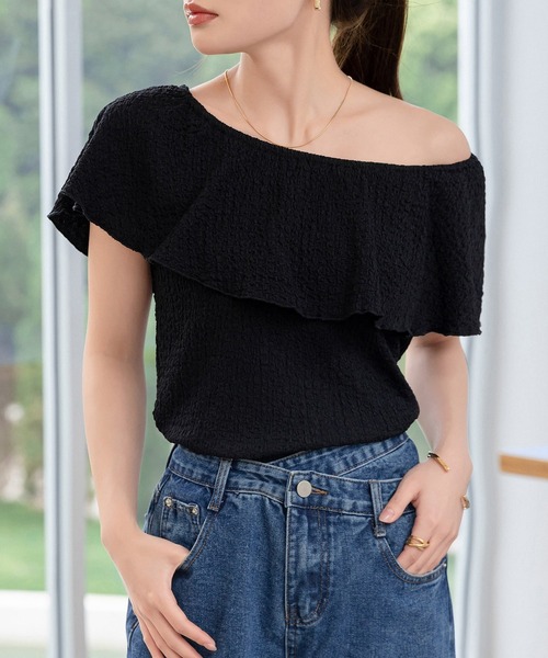 DAY CLOSET(デイ クローゼット)の「レディース 3WAYオフショル風リップルメロウフリルブラウス(シャツ/ブラウス・レディース・アイボリー/ブラック・FREE)」の12枚目の写真