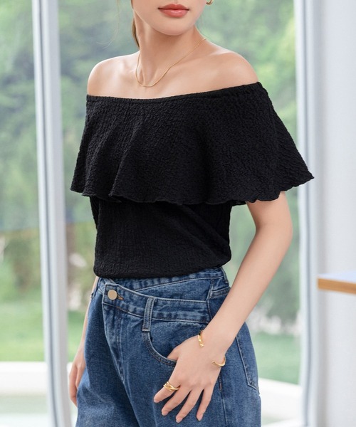 DAY CLOSET(デイ クローゼット)の「レディース 3WAYオフショル風リップルメロウフリルブラウス(シャツ/ブラウス・レディース・アイボリー/ブラック・FREE)」の13枚目の写真