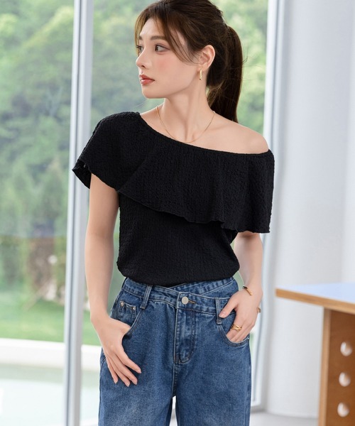 DAY CLOSET(デイ クローゼット)の「レディース 3WAYオフショル風リップルメロウフリルブラウス(シャツ/ブラウス・レディース・アイボリー/ブラック・FREE)」の15枚目の写真