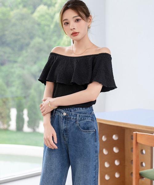 DAY CLOSET(デイ クローゼット)の「レディース 3WAYオフショル風リップルメロウフリルブラウス(シャツ/ブラウス・レディース・アイボリー/ブラック・FREE)」の16枚目の写真