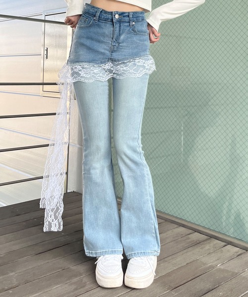 sculptor レース拼接ライトブルーフレアデニムパンツ sculptor レース拼接ライトブルーフレアデニムパンツ