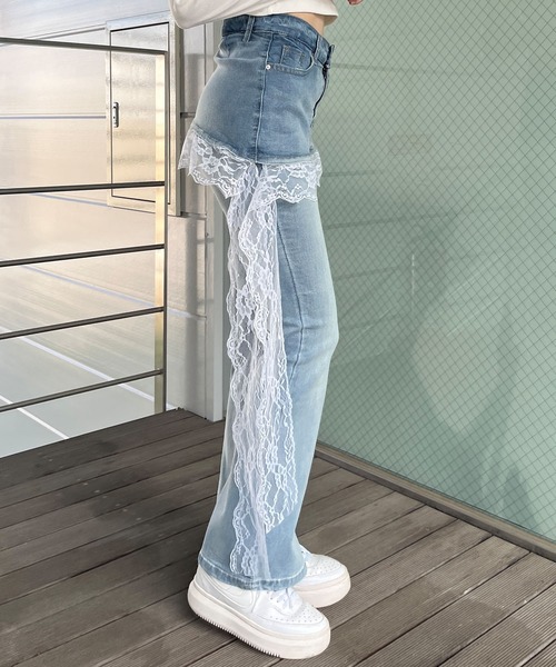 セール】レイヤード風裾レースデニムフレアパンツ（デニムパンツ