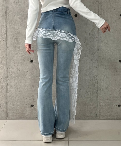セール】レイヤード風裾レースデニムフレアパンツ（デニムパンツ