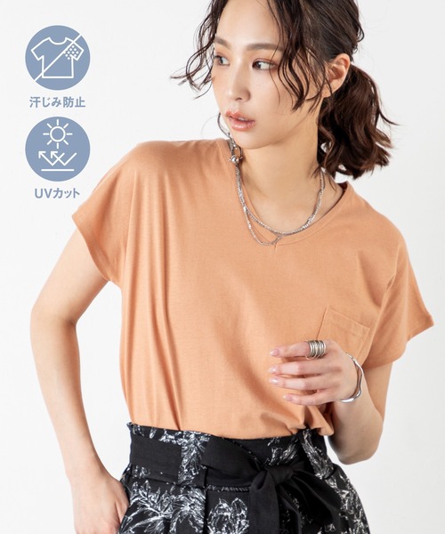 MILLION CARATS（ミリオンカラッツ）の「【汗ジミ防止＆UVカット】さらっと1枚で決まる！大人の品と機能が光るVネックTシャツ！フレンチスリーブで華奢見えを叶えながら、快適な着心地と汗ジミ知らずでクリーンにキマる頼れる機能性で毎日に自信をくれる一枚。（Tシャツ/カットソー・レディース・ラベンダー/ブルー/グレー/カーキ系/オレンジ/カーキ/オフホワイト/レッド/ブラウン/ネイビー/ベージュ/ブラック・MEDIUM/LARGE/XL）」の12枚目の写真