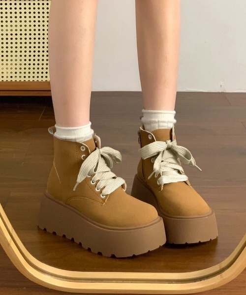 デニム厚底ブーツ サイドファスナー付き セール】WEGO/厚底サイドファスナートレッキング風ブーツ