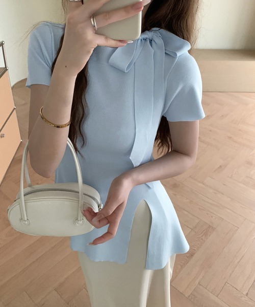 Miniministore(ミニミニストア)の「リボン付きニットトップス サイドスリット(ニット/セーター・レディース・ホワイト/ピンク/ブルー/ブラック・FREE)」の6枚目の写真