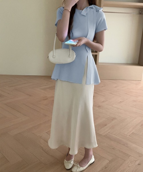 Miniministore(ミニミニストア)の「リボン付きニットトップス サイドスリット(ニット/セーター・レディース・ホワイト/ピンク/ブルー/ブラック・FREE)」の7枚目の写真