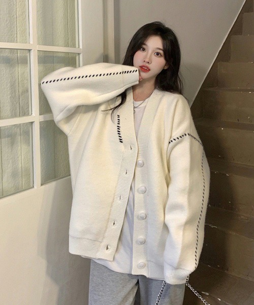 NinaetLina(ニナエリナ)の「ステッチ ニット カーディガン(カーディガン/ボレロ・レディース・ブラック/ホワイト・FREE)」の1枚目の写真