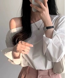 ampm（エーエムピーエム）の「韓国風オフショルシャツ／抜け感ルーズブラウス／大人カジュアル長袖トップス（Tシャツ/カットソー）」