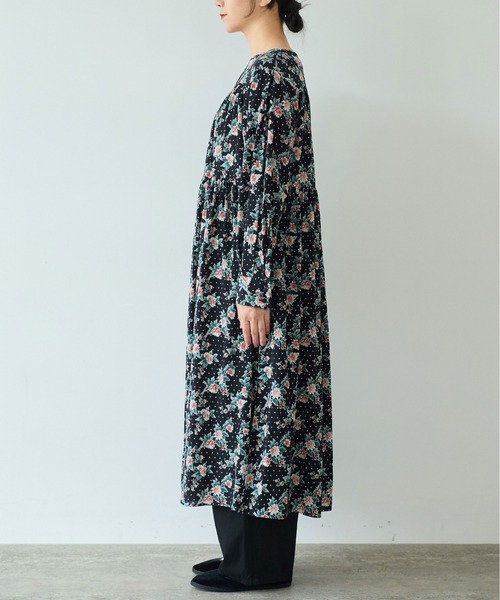 レーヨンコットンキュプラ flower dot print ティアードワンピース