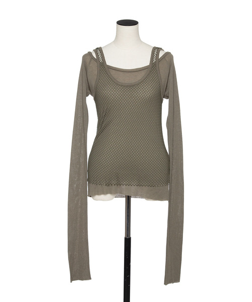 muller of yoshiokubo(ミュラーオブヨシオクボ)の「muller of yoshiokubo ミュラーオブヨシオクボ / MESH LAYER TOP メッシュレイヤートップス / MLF25102(Tシャツ/カットソー・レディース・アイボリー/カーキ/ブラック・36/38)」の1枚目の写真