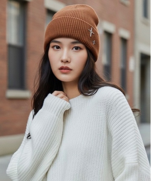 Burner（バーナー）の「【OKUOKU　0909】ワンポイント　カラーニット帽 　oku-bosi-6（ニットキャップ/ビーニー・レディース・グリーン系その他/サーモンピンク/パープル系その他/ホワイト系その他/ブラウン系その他/チャコールグレー/ブラック系その他・FREE）」の4枚目の写真