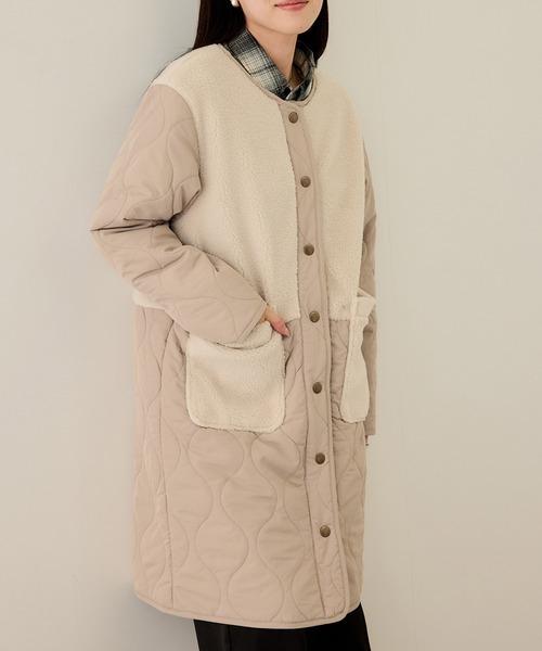 セール】nAvy グラムス ボア キルティング切替ノーカラー 中綿ロング