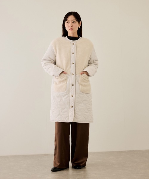 NAVY(ネイビー)の「nAvy グラムス ボア キルティング切替ノーカラー 中綿ロングコート【軽量 撥水加工 手洗いOK】(ノーカラーコート・レディース・ベージュ/カーキ/ブラック/オフホワイト・M/L)」の7枚目の写真