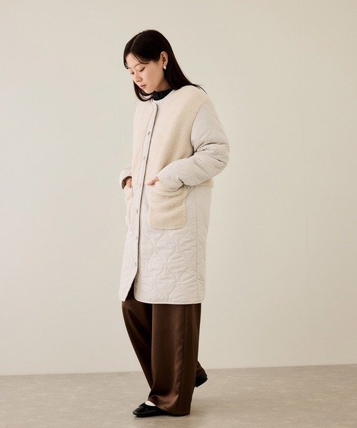 NAVY(ネイビー)の「nAvy グラムス ボア キルティング切替ノーカラー 中綿ロングコート【軽量 撥水加工 手洗いOK】(ノーカラーコート・レディース・ベージュ/カーキ/ブラック/オフホワイト・M/L)」の8枚目の写真