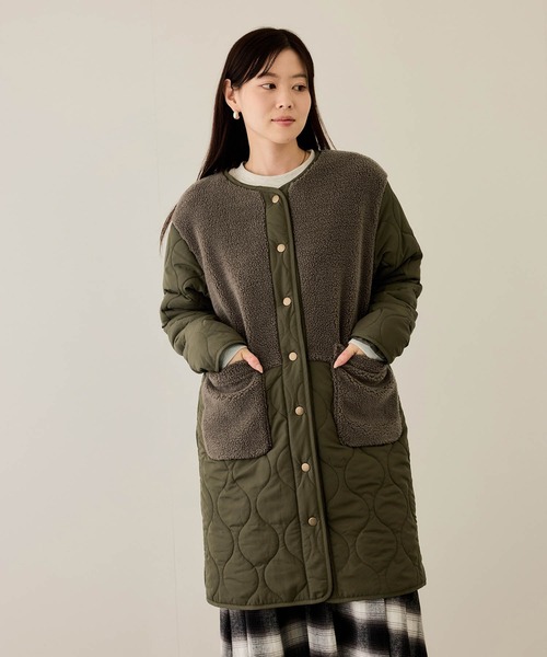 NAVY(ネイビー)の「nAvy グラムス ボア キルティング切替ノーカラー 中綿ロングコート【軽量 撥水加工 手洗いOK】(ノーカラーコート・レディース・ベージュ/カーキ/ブラック/オフホワイト・M/L)」の11枚目の写真