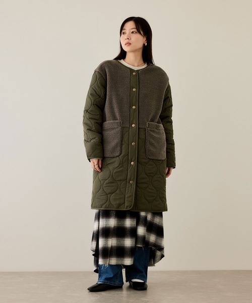 NAVY(ネイビー)の「nAvy グラムス ボア キルティング切替ノーカラー 中綿ロングコート【軽量 撥水加工 手洗いOK】(ノーカラーコート・レディース・ベージュ/カーキ/ブラック/オフホワイト・M/L)」の12枚目の写真