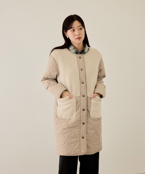 NAVY(ネイビー)の「nAvy グラムス ボア キルティング切替ノーカラー 中綿ロングコート【軽量 撥水加工 手洗いOK】(ノーカラーコート・レディース・ベージュ/カーキ/ブラック/オフホワイト・M/L)」の9枚目の写真