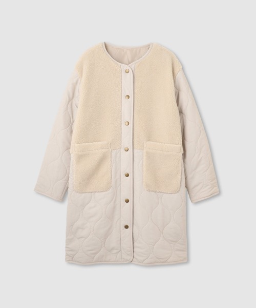 NAVY(ネイビー)の「nAvy グラムス ボア キルティング切替ノーカラー 中綿ロングコート【軽量 撥水加工 手洗いOK】(ノーカラーコート・レディース・ベージュ/カーキ/ブラック/オフホワイト・M/L)」の14枚目の写真