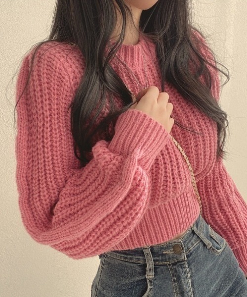 SHEPP(シープ)の「アゼクロップド ニットプルオーバー(ニット/セーター・レディース・ホワイト/ピンク/ブラウン/ブラック・F)」の2枚目の写真