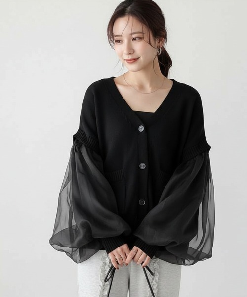 Lateru(ラテル)の「2WAY 着用可 オーガンジーボリュームスリーブニットカーディガン 大人可愛いレディース(カーディガン/ボレロ・レディース・ホワイト/ピンク/ブラック・FREE)」の2枚目の写真