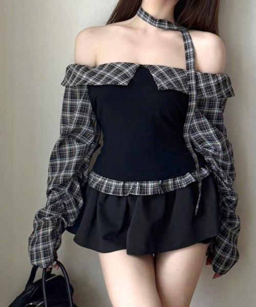 REMUR(レミュール)の「2点セット チェックオフショルトップス チョーカー付き(Tシャツ/カットソー・レディース・モカ/ブラック・M)」の18枚目の写真