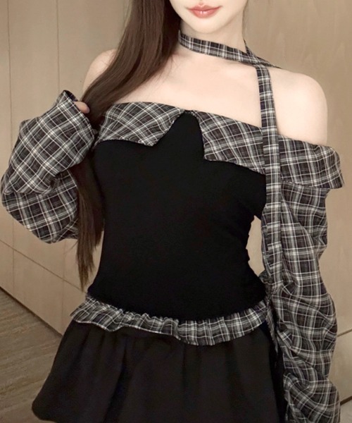 REMUR(レミュール)の「2点セット チェックオフショルトップス チョーカー付き(Tシャツ/カットソー・レディース・モカ/ブラック・M)」の22枚目の写真