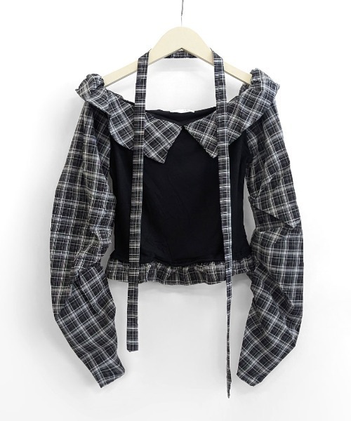 REMUR(レミュール)の「2点セット チェックオフショルトップス チョーカー付き(Tシャツ/カットソー・レディース・モカ/ブラック・M)」の5枚目の写真