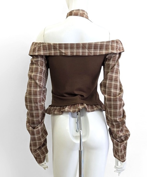 REMUR(レミュール)の「2点セット チェックオフショルトップス チョーカー付き(Tシャツ/カットソー・レディース・モカ/ブラック・M)」の9枚目の写真