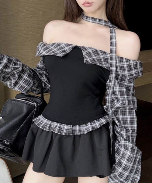 REMUR(レミュール)の「2点セット チェックオフショルトップス チョーカー付き(Tシャツ/カットソー・レディース・モカ/ブラック・M)」の16枚目の写真