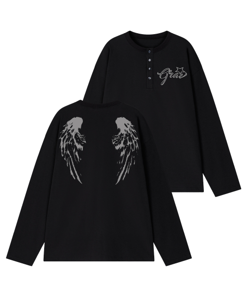 GRAVER（グレーバー）の「[ユニセックス]WINGS ヘンリーネック ロングスリーブ Tシャツ_3カラー（Tシャツ/カットソー・レディース・ベージュ/チャコール/ブラック・MEDIUM/LARGE）」の4枚目の写真